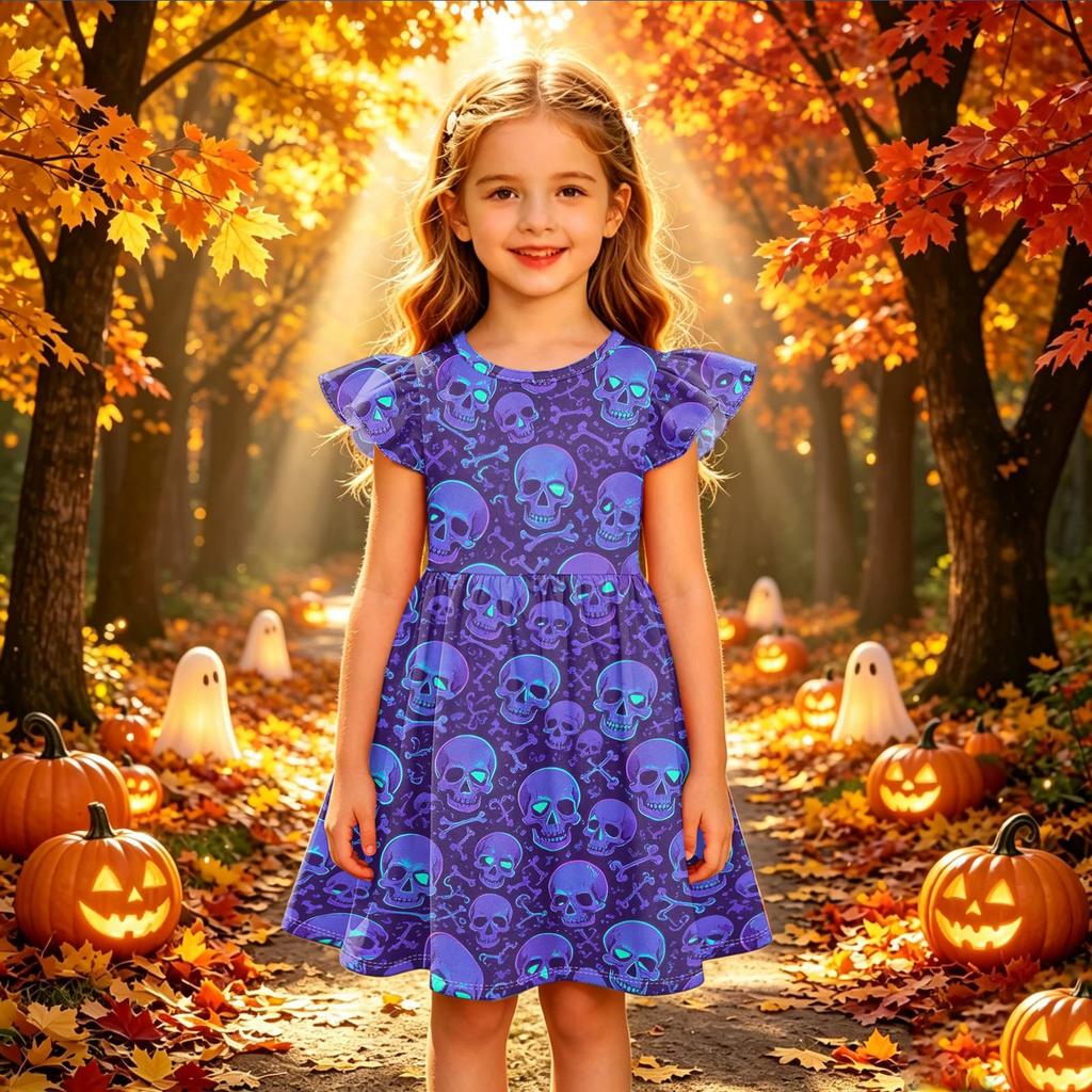 Kids Casual Halloween Printed Sleeve Dress for Party and Holiday