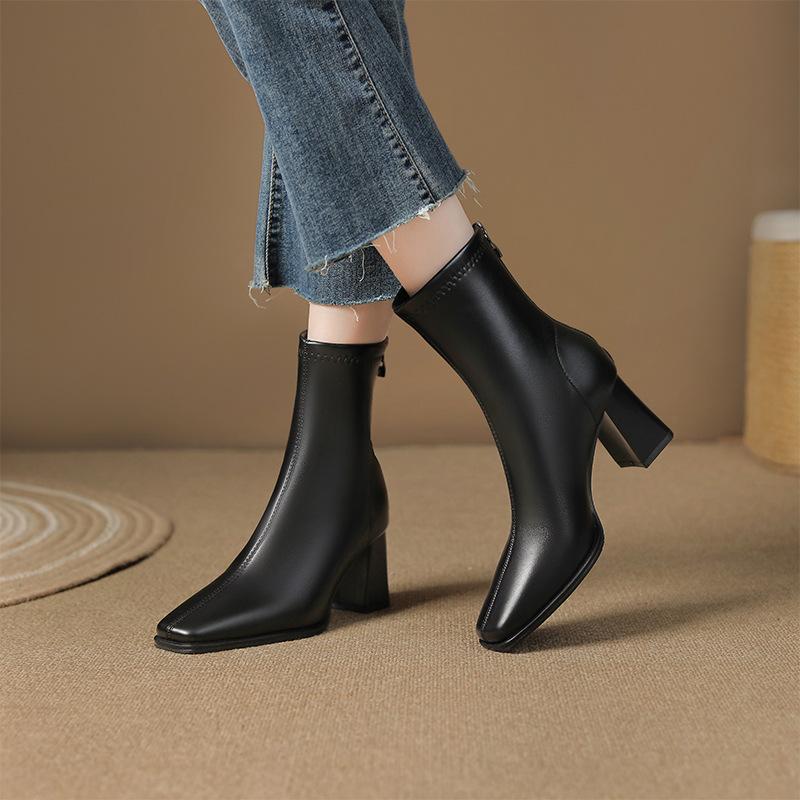 thick heel square head thin boots women's medium tube fashion simple temperament rear zipper autumn and winter new French soft leather Martin boots