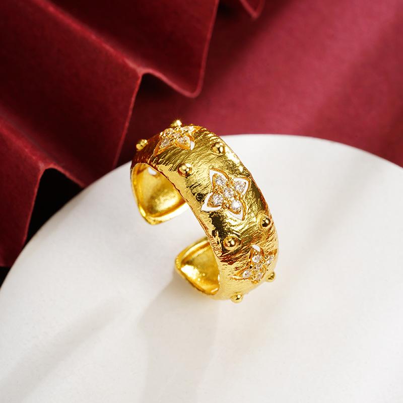 New Chinese Style Ring Retro Four-leaf Flower Brushed Ring for Women