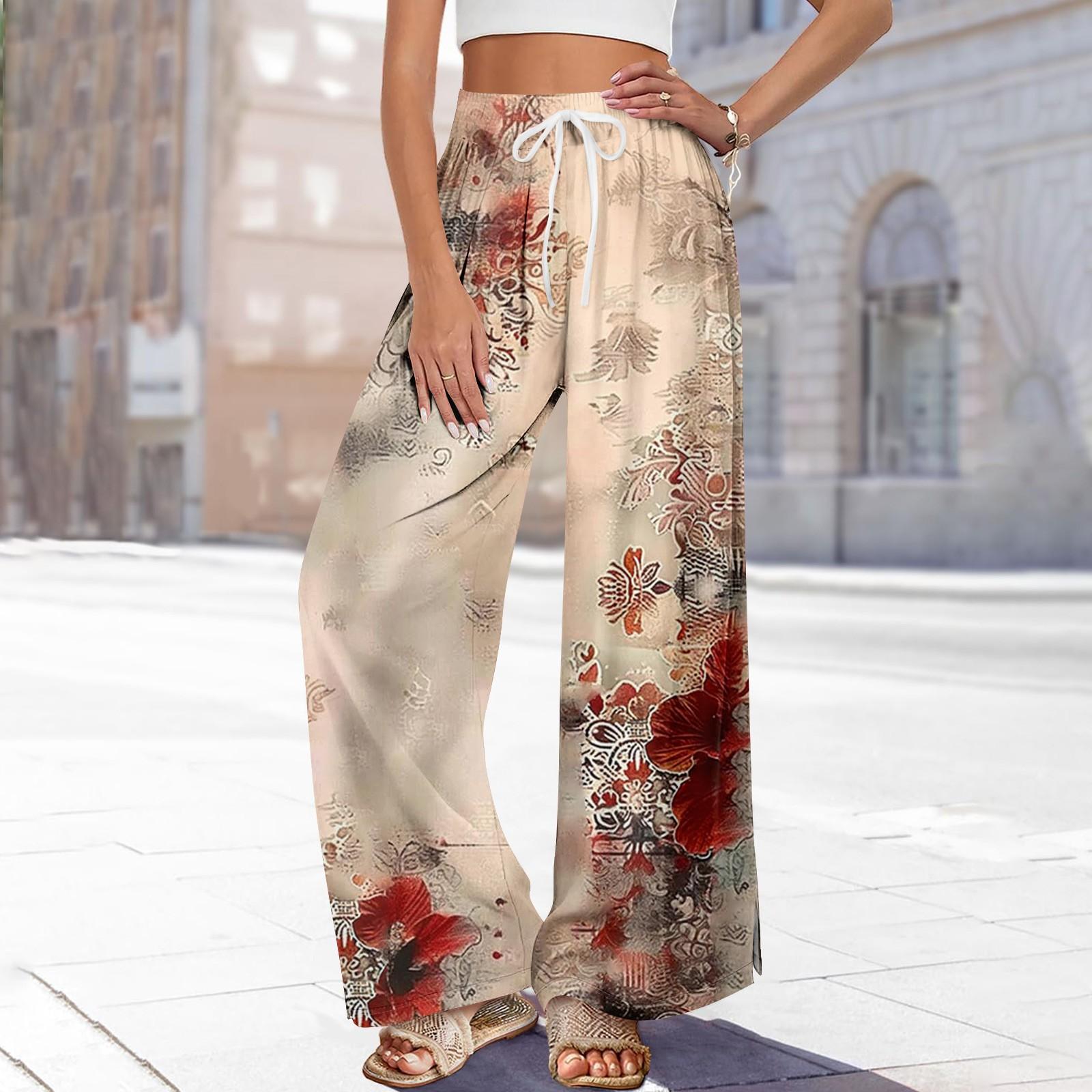 

Женские летние брюки-палаццо в стиле бохо с высокой талией, широкие повседневные брюки с принтом и карманами L бежевый