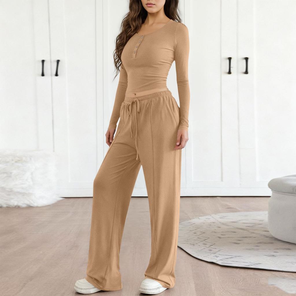 Fashionable Women's Long Sleeve Wide Leg Pants Sports Outfit Loose Two-Piece Set
