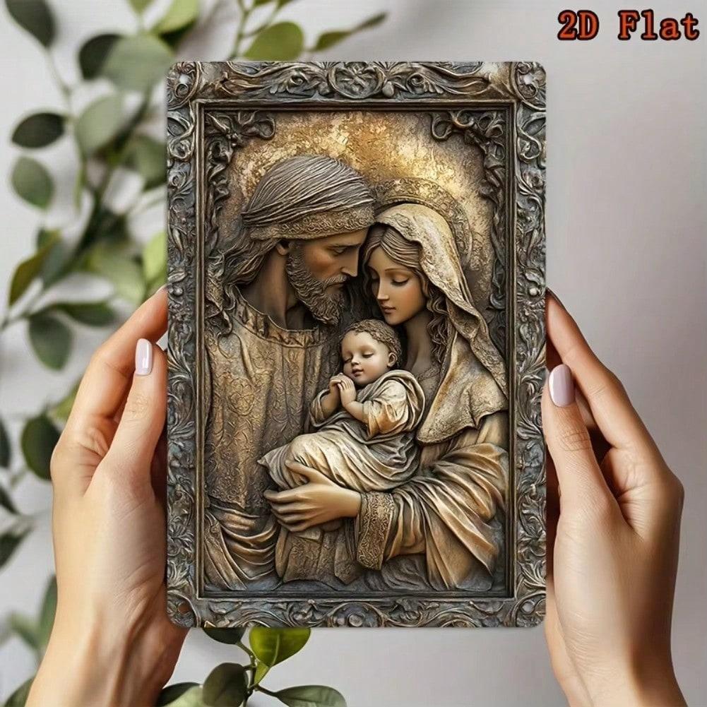 2D platt vintage heliga familjen metallskylt, utsmyckad snidad religiös dekor (Guldfärgad) - Kristet Hemkyrka Väggkonst Gåva