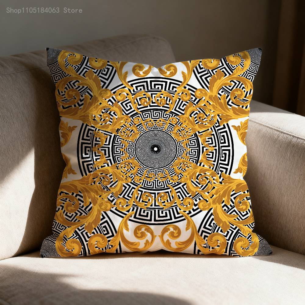 Greek Key Golden Baroque Style Pillow Case Print Polyester Fiber 40X40 Cm Home Sofa Throw Cushion Cover Decoration