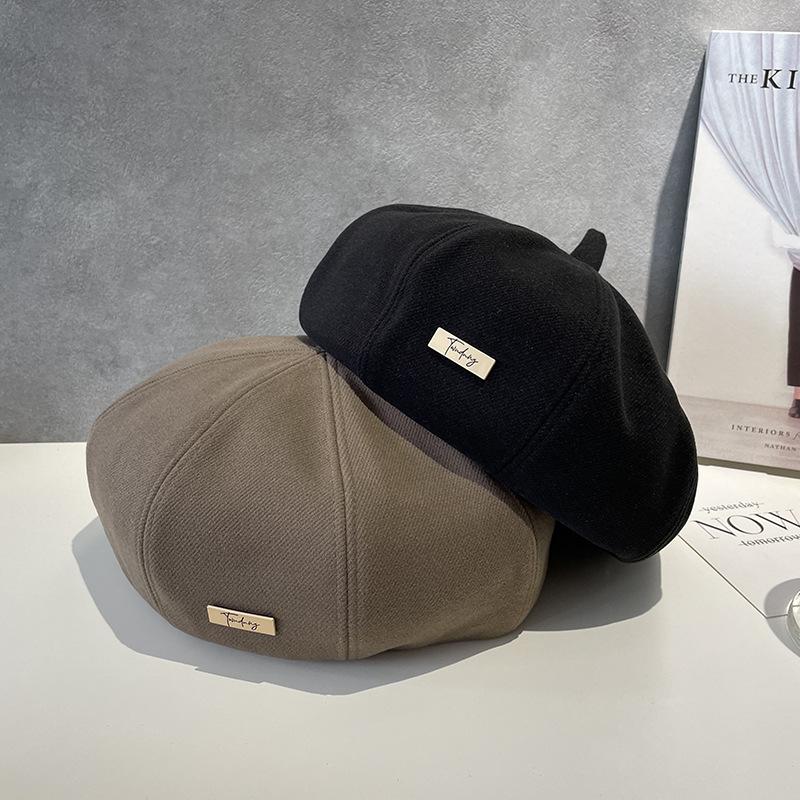 Gentle Beret for Women Fashionable Small Letter Mark Simple and Versatile Fashionable and Stylish Solid Color Pumpkin Hat