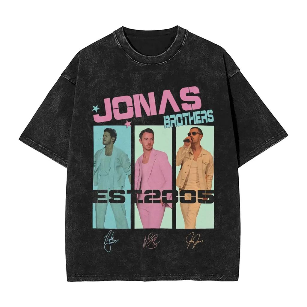 Summer Tee Hot Sale Jonas Brother th Anniversary Poster Print TShirt Unisex Women Vintage Washed Cotton Oversized Harajuku Style