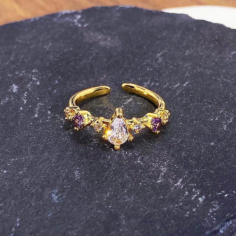 Blue Enamel Oil Drop Flower Bow Star Opening Ring Women'S Niche High-End Light Luxury Ring