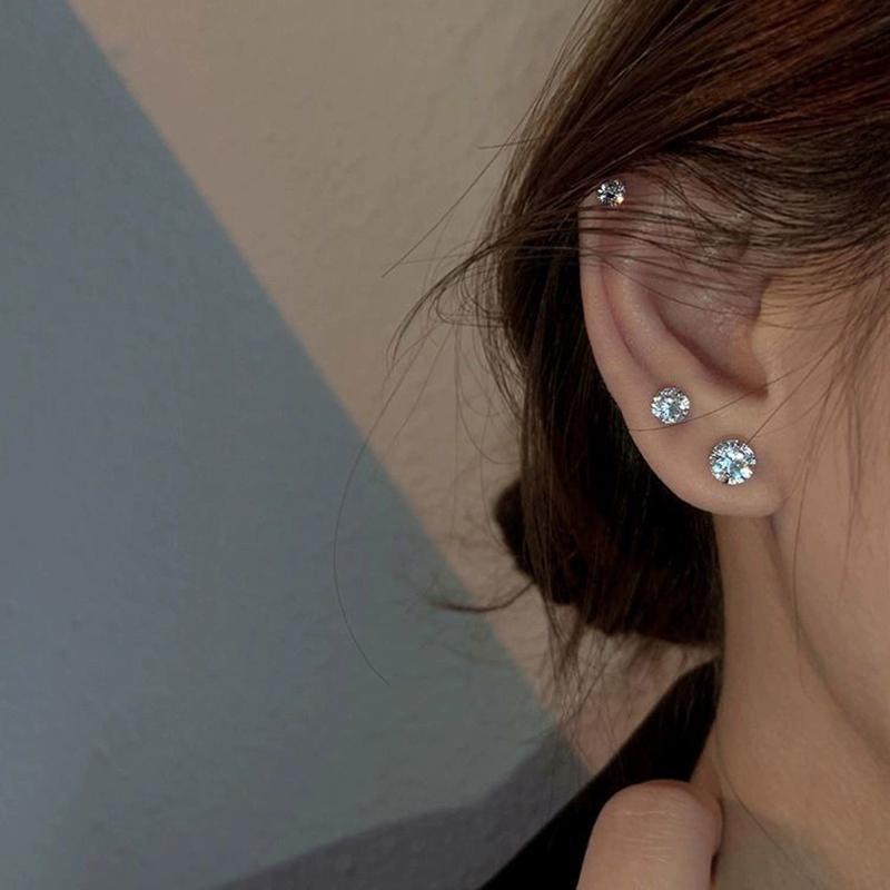 Silver Allergy Prevention Ear Hole Care Piercing Bone Stud Earrings 3/4/5/6/7MM Round Zircon Jewelry Accessories