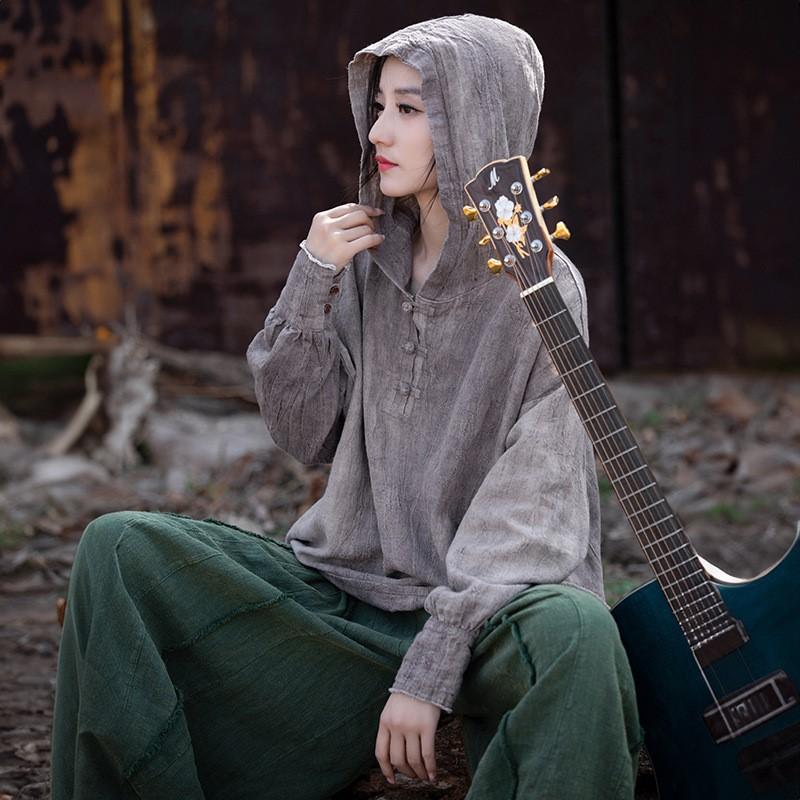 

Johnature женские футболки с капюшоном и длинными рукавами на пуговицах, весенние женские футболки в китайском стиле с принтом тай-дай One Size светло-фиолетовый