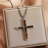 Natural Shoushan Stone Tiger Eye Cross Pendant Square Chain Necklace For Men Women