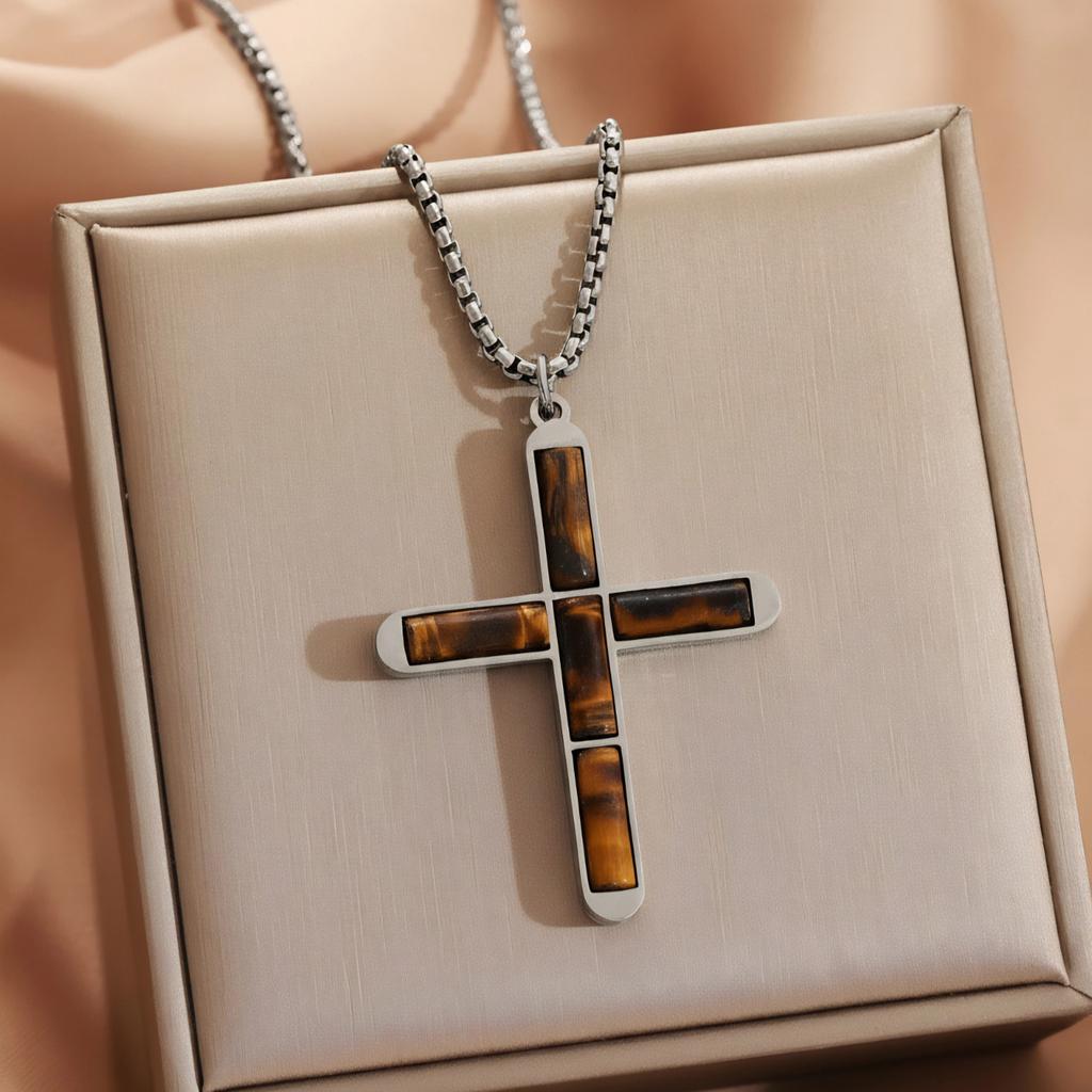 Natural Shoushan Stone Tiger Eye Cross Pendant Square Chain Necklace For Men Women