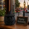 Dunkle Retro-Party-Ornamente Kunst rattan Kürbisfigur Halloween Schwarze Harzstatue mit Hexe Herbst-Feiertags-Fensterdekoration Hut Rustikaler Weidenkorb