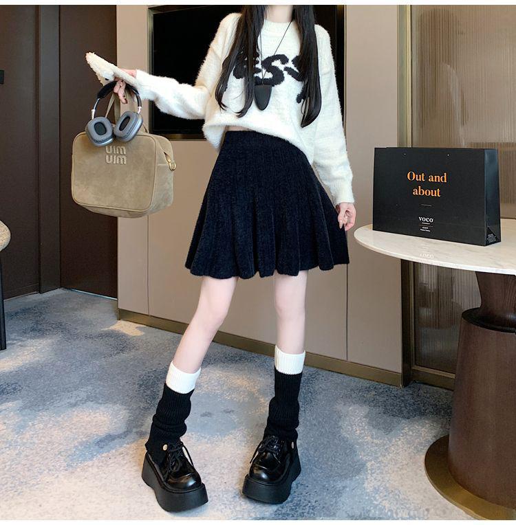 Women's High-Waisted Knitted Midi Skirt - Soft, Milky Color, Flaw-Hiding, A-Line Style for Autumn/Winter