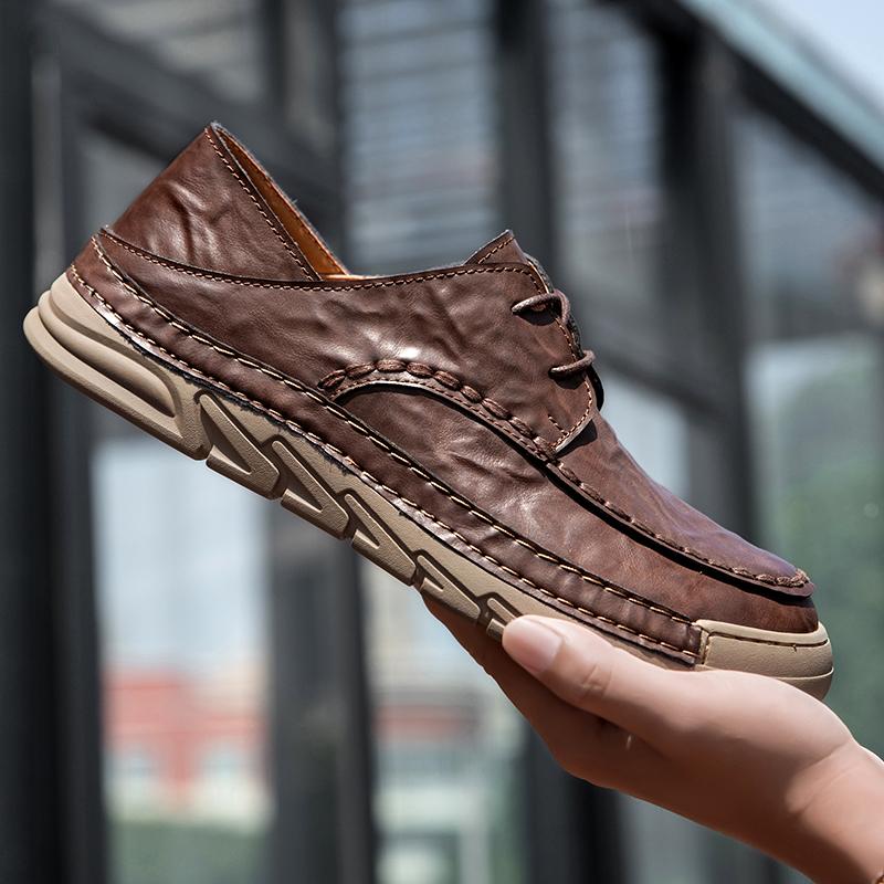 

Men s Handmade Thick Rubber Bottom Breathable Casual Leather Shoes Classic Sewn Loafers Comfortable Leisure Footwear 47 коричневый