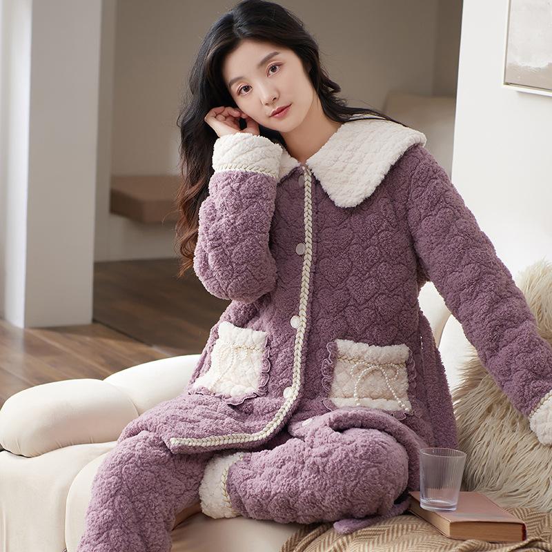 Coral Velvet Quilted Pajamas Women's Winter Three Layer Thick and Fleece Home Wear Women's Winter Flannel Thermal Set