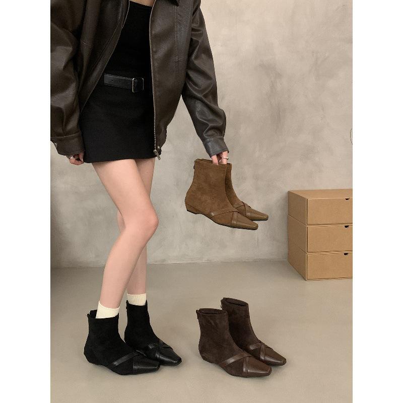 Retro small square head black small naked boots women's boots new autumn and winter brown thin boots French small short boots