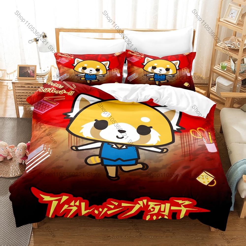 Personality Aggretsuko Anime Bedding Set New Soft Duvet Cover Pillowcases Cute Red Panda Print Bed Set for Kids Adults Bedroom D