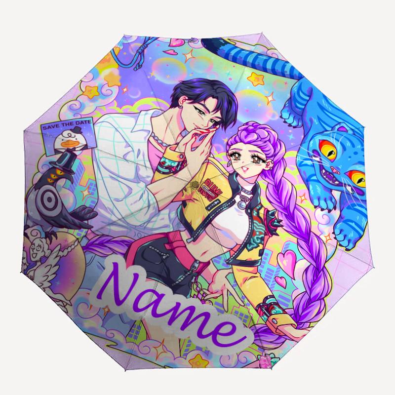 Personalisierter Name K-KPop Dämonenjäger Druck Regenschirm - Automatisches Öffnen/Schließen, Acht-Speichen Langlebiger Rahmen, Automatischer Faltregenschirm