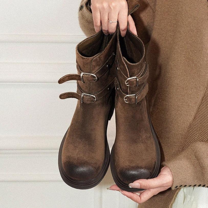 Leather Version~ Retro Polished Belt Buckle Western Cowboy Boots Slim Short Boots Women's Maillard Martin Boots Locomotive Boots