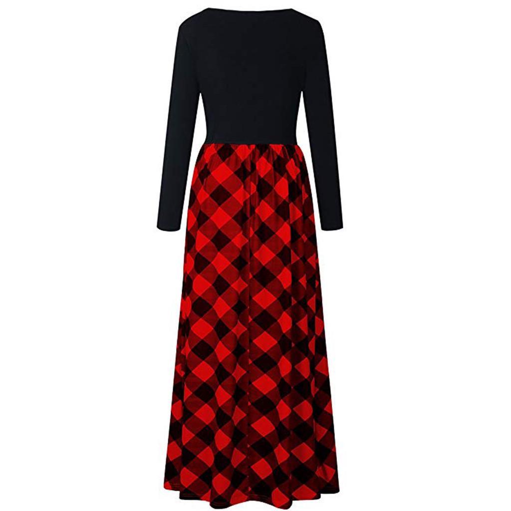 Damska sukienka maxi w kratę z długim rękawem i talią, z kieszeniami