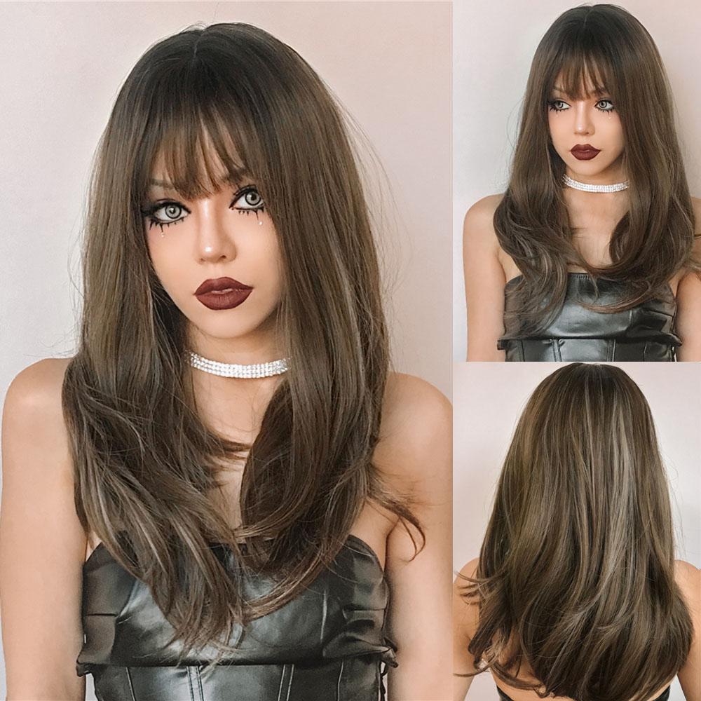 HENRY MARGU Ombre Dark Black Brown Synthetic Wigs with Bangs Layered Hair Wig for Black Women Party Cospaly Heat Resistant