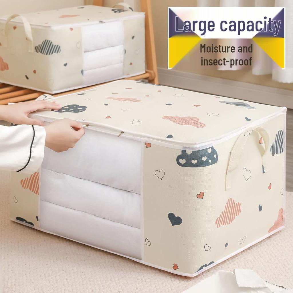 Large Capacity Transparent Window Quilt Storage Bag - Printed Cotton Bag for Clothes and Moving Organization