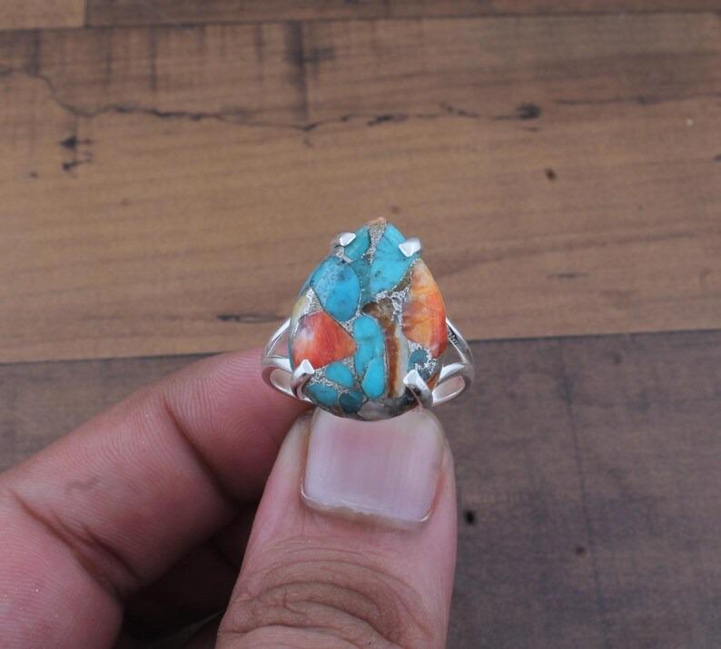 Solid 925 Sterling Silver Prong Setting Ring Oyster Copper Turquoise Pear gemstone Ring Handmade Jewelry