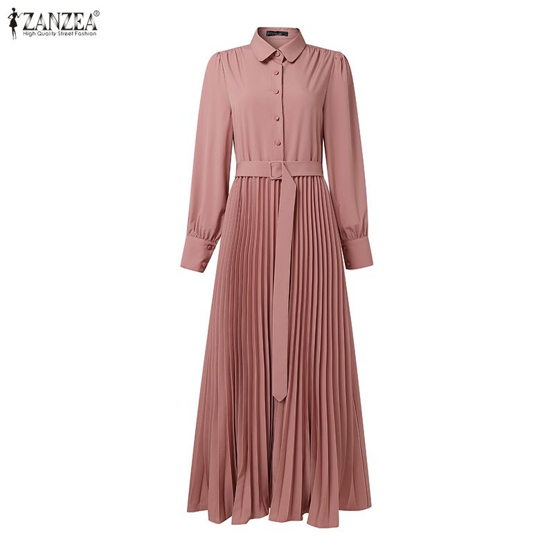 ZANZEA Women Casual Turn Down Collar Loose Long Sleeve Pleated Dress