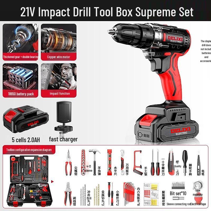 Delixi Multifunctional Lithium Battery Drill Set for Electrician & Woodworking Maintenance
