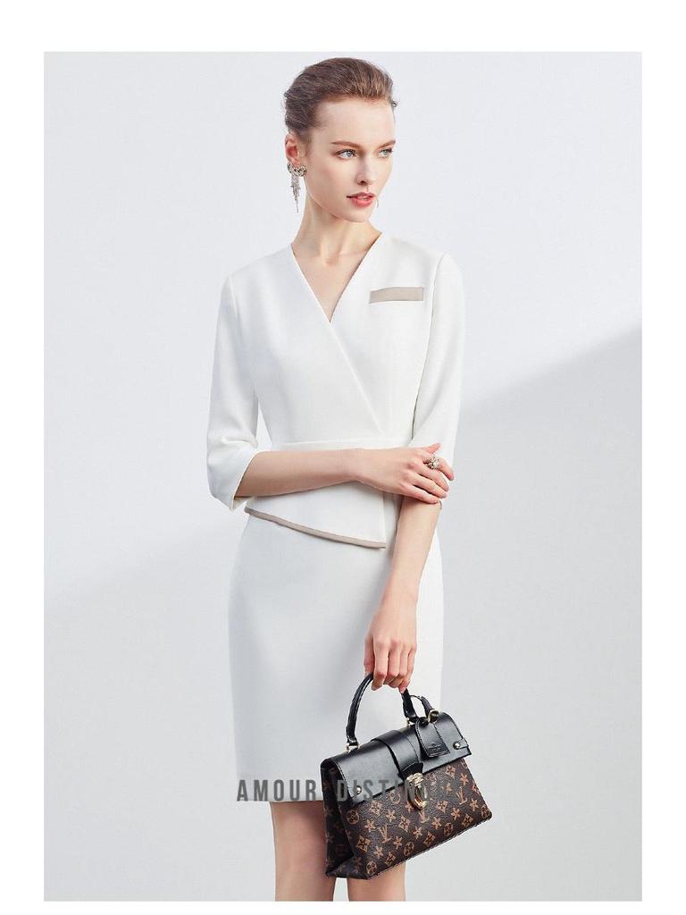 Formal Pleated V-Neck Slim Dress for Beauty Salon Receptionist