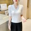Threaded V-neck T-shirt, women's mid sleeve, slim fit and slimming, spring and summer new style, sexy and versatile temperament top JS