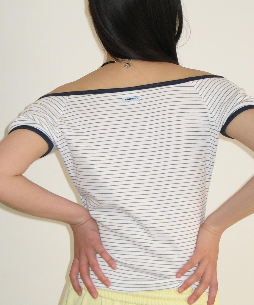 RONRON Stitch Stripe Off Shoulder T Shirt White