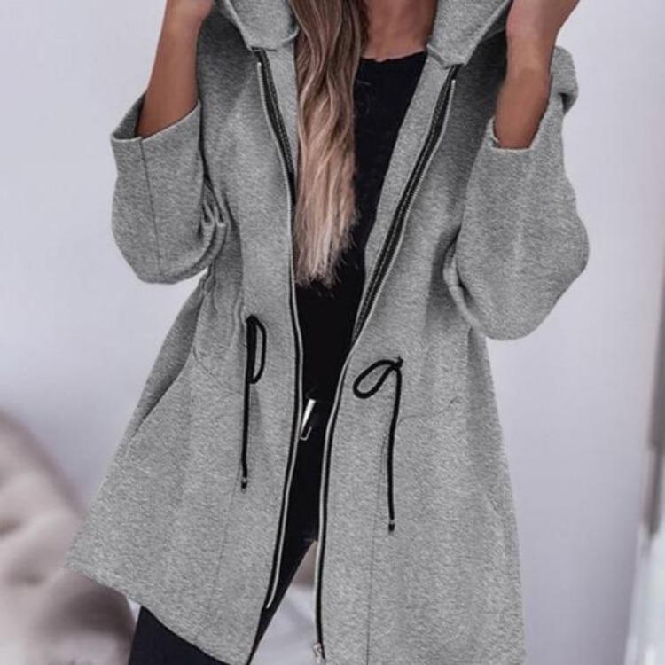 Women Windbreaker Jacket Hooded Thermal Long Sleeve Solid Color with Drawstring Waist Large Pockets Zipper Closure