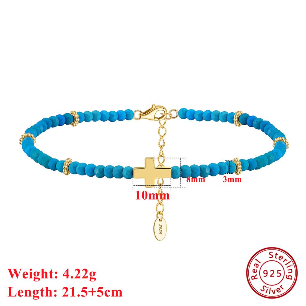 Effie Queen Refined 925 Sterling Silver Cross Anklet Natural Turquoise Strand Chain Perfectly Crafted Jewelry for Religion SA86