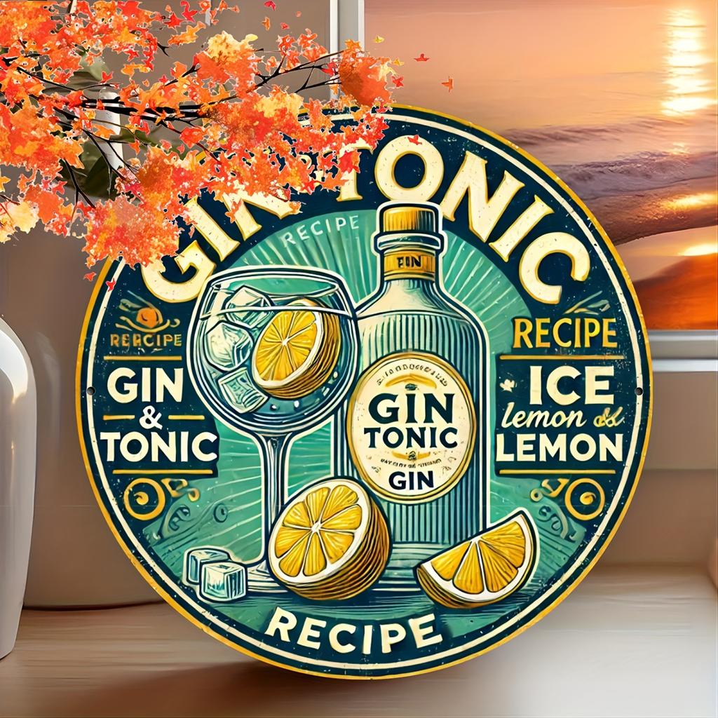D Flat Gin Tonic Recipe Round Tin Sign Vintage Cocktail Bar Art with Lemon Ice Metal Wall Decor for Home Bar Pub Kitc