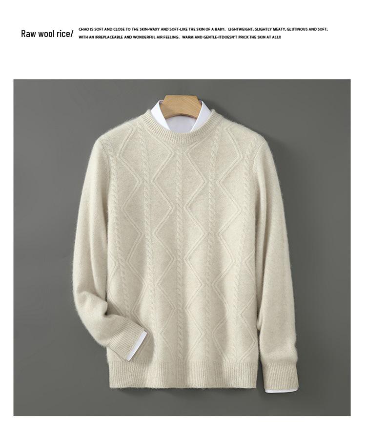 Men's Diamond Cable Knit Wool Sweater - Thick, Loose, Versatile Cashmere Layer