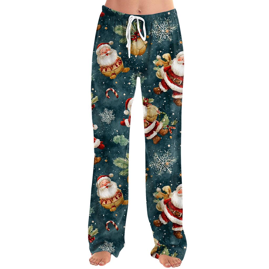 Ladies' Loose And Casual Christmas Printed Wide Leg Pants With Elastic Waistband Drawstring And Pocket Pants
