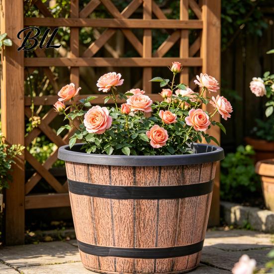 Brown Rustic Plant Pot Flowerpot Barrel Style Pots with Built-In Drainage Holes 8" Plastic-Inspired Finish Extra-Large, Thick Planter for Patio Garden