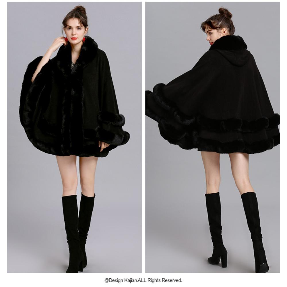 Women's Coat Autumn and Winter New Large Size Imitation Fur Collar Shawl Fur Hooded Knitted Cardigan Shawl Cape Jacket