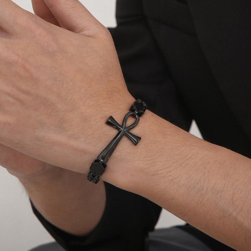 Rock Hip Hop Double Row Braided Chain Jewelry, Vintage Personality Splicing Titanium Steel Ancient Egyptian Cross Men'S Bracelet