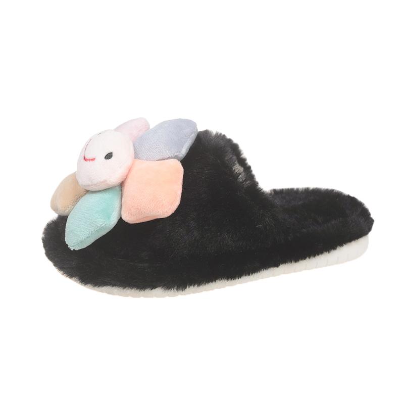 Cute Girls Winter Fur Slippers Fashion Flower Trend Kids Cotton Shoes Non-slip Soft Fluffy Versatile Children Warm Home Slippers