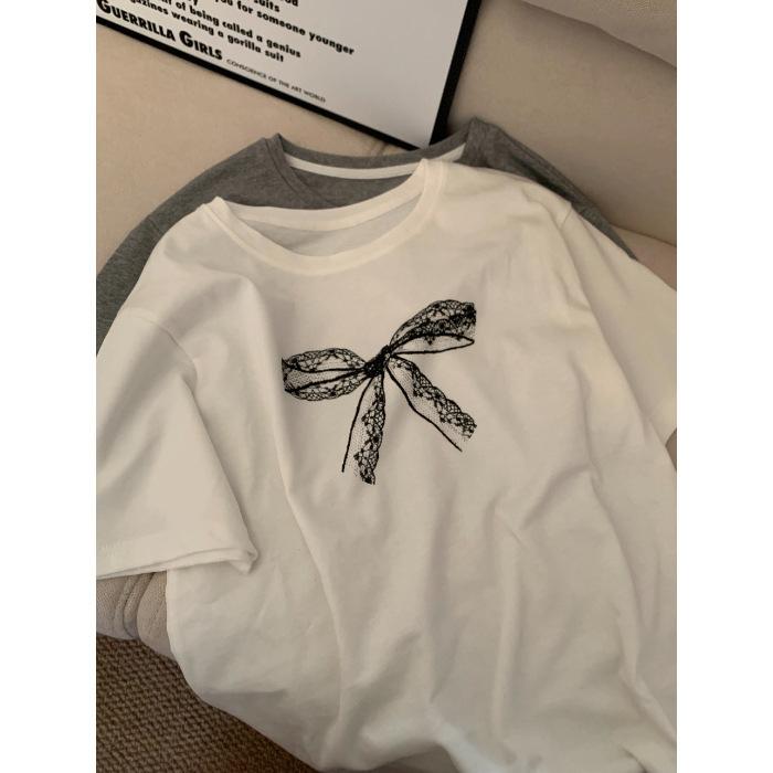 Korean lace bow print short-sleeved t-shirt women's summer new foreign style versatile small cotton top trendy