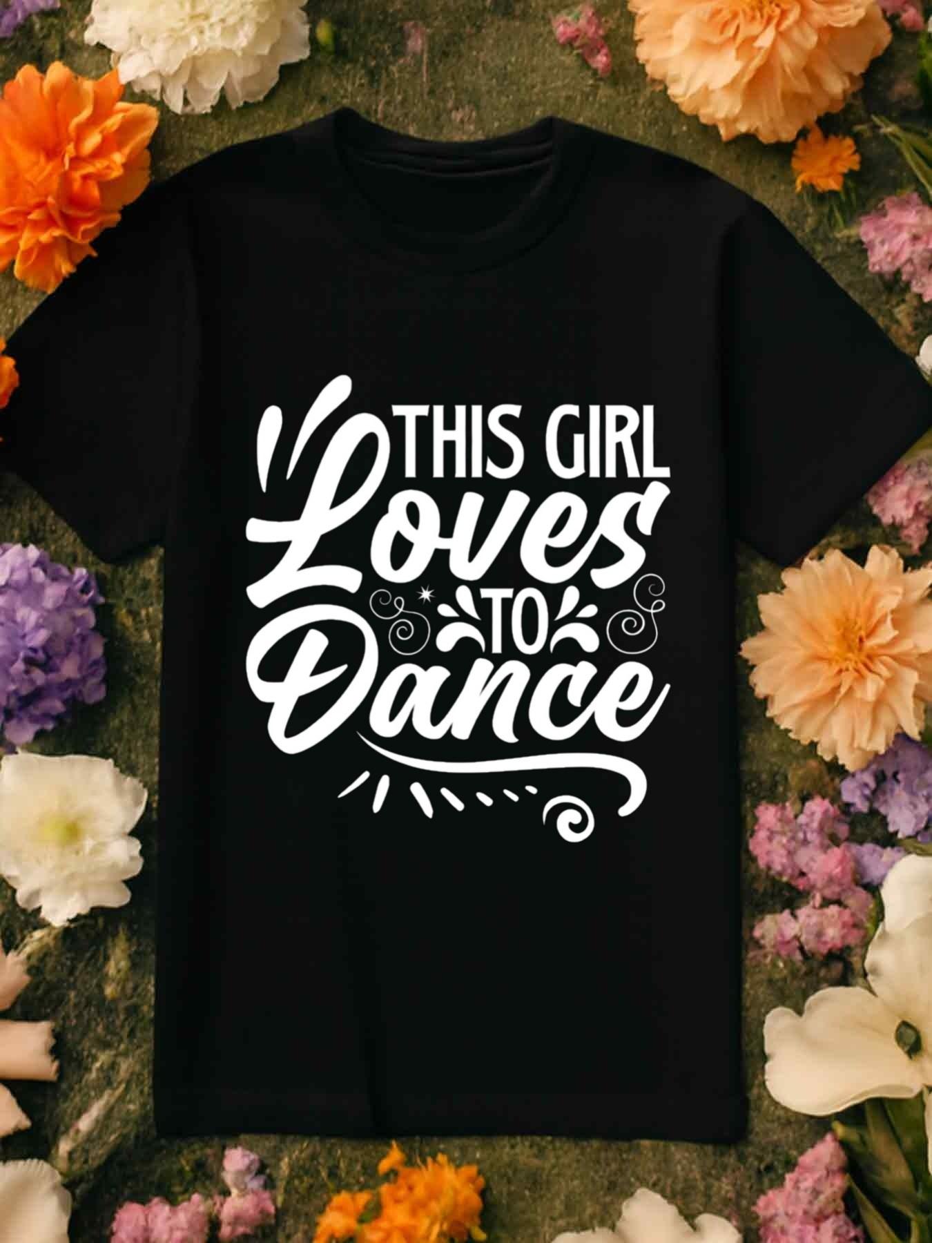 

Футболка - Черная с тематикой танцев Любит танцевать и силуэтами балерины, Дышащая, с круглым вырезом, коротким рукавом, Повседневная и для тренировок по танцам S чёрный