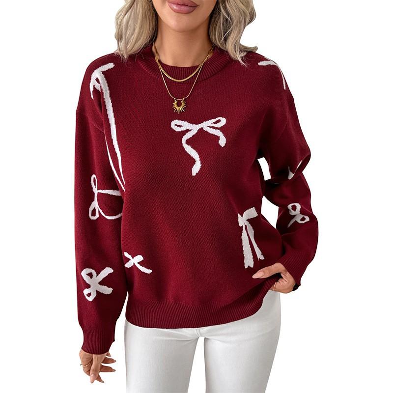 Womens Sweet Knit Sweater With Bow Detail Acrylic Blend Loose Fit Long Sleeve Top Winter