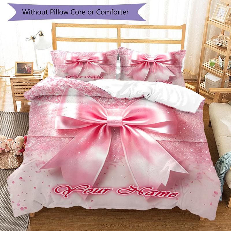 3PC Custom Name Pink Bow Celebration Bedding Set Printed Bedding Set Duvet Cover Closure Includes 1 Duvet Cover & 2 Pillowcases for All Seasons Bedroo