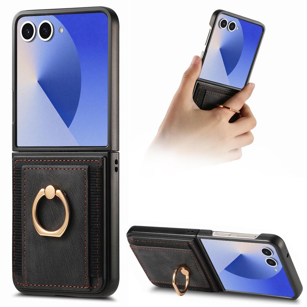 Samsung Z Flip 7 FE Leather Ring Wallet Case with Card Holder and Stand