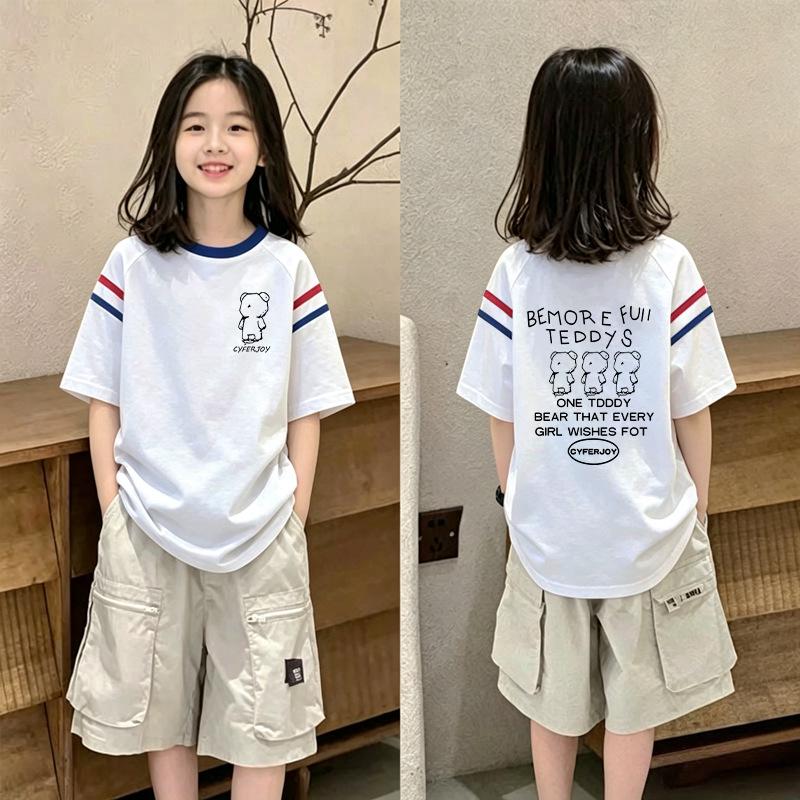 Summer Korean Style Color Block Loose T-shirt for Girls Aged 6-12 - Short Sleeve and Versatile