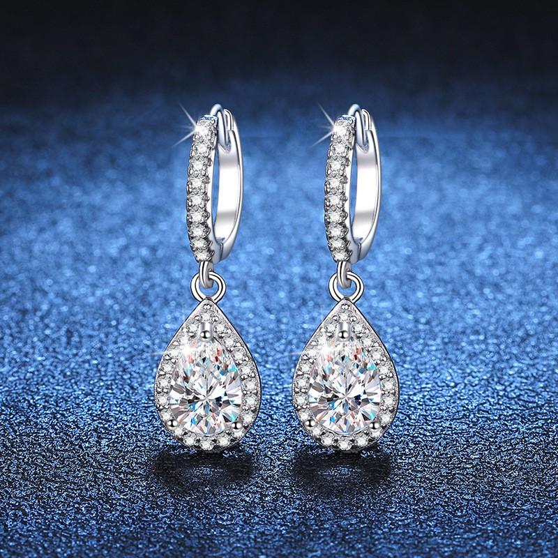 Sterling Moissanite Drop Earrings Platinum Plated Waterdrop Pear Shape 1ct Each Women Fashion OL Style 925 Sterling Silver