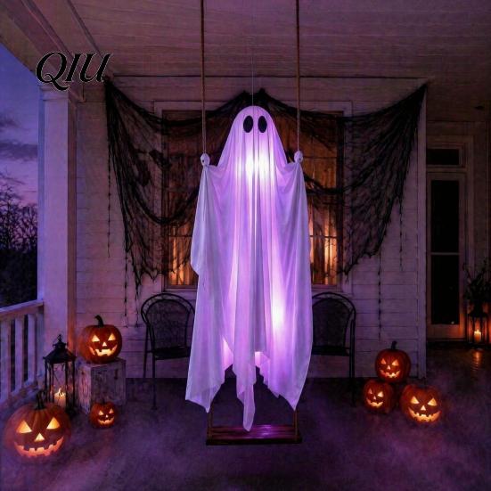 Fließender weißer Stoff Geist Dekoration Hängende Schaukel Halloween Dekoration mit Fernbedienung & LED-Lichterkette, Wasserdichte gruselige animierte für den Außenbereich Garten