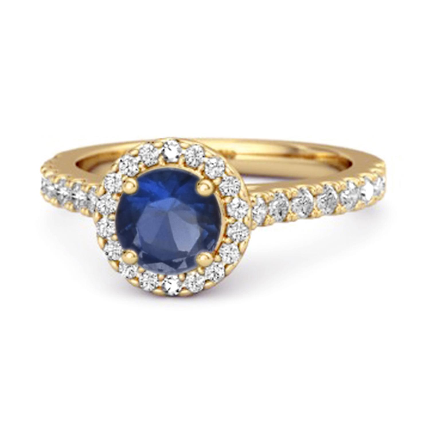 Blue Sapphire Round Halo Accents Ring - 925 Sterling Silver Gold Vermeil 12 жёлтый