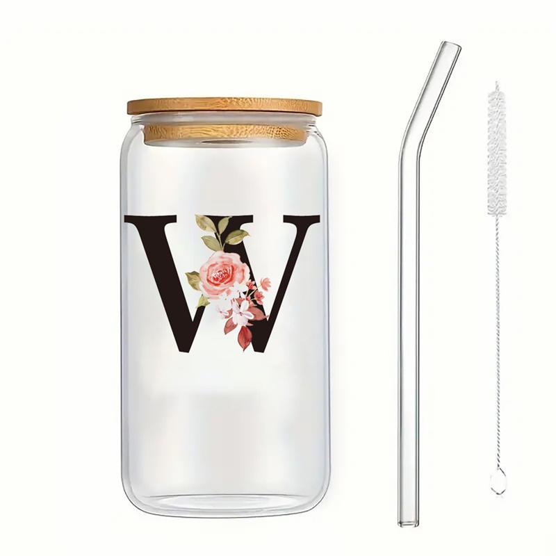 Alphabet Blumen Trinkglas Buchstabe A-Z Eiskaffee Wasser Saft Flasche Tragbarer Klarer Becher mit Deckel Strohhalm Bürste Geburtstagsgeschenke
